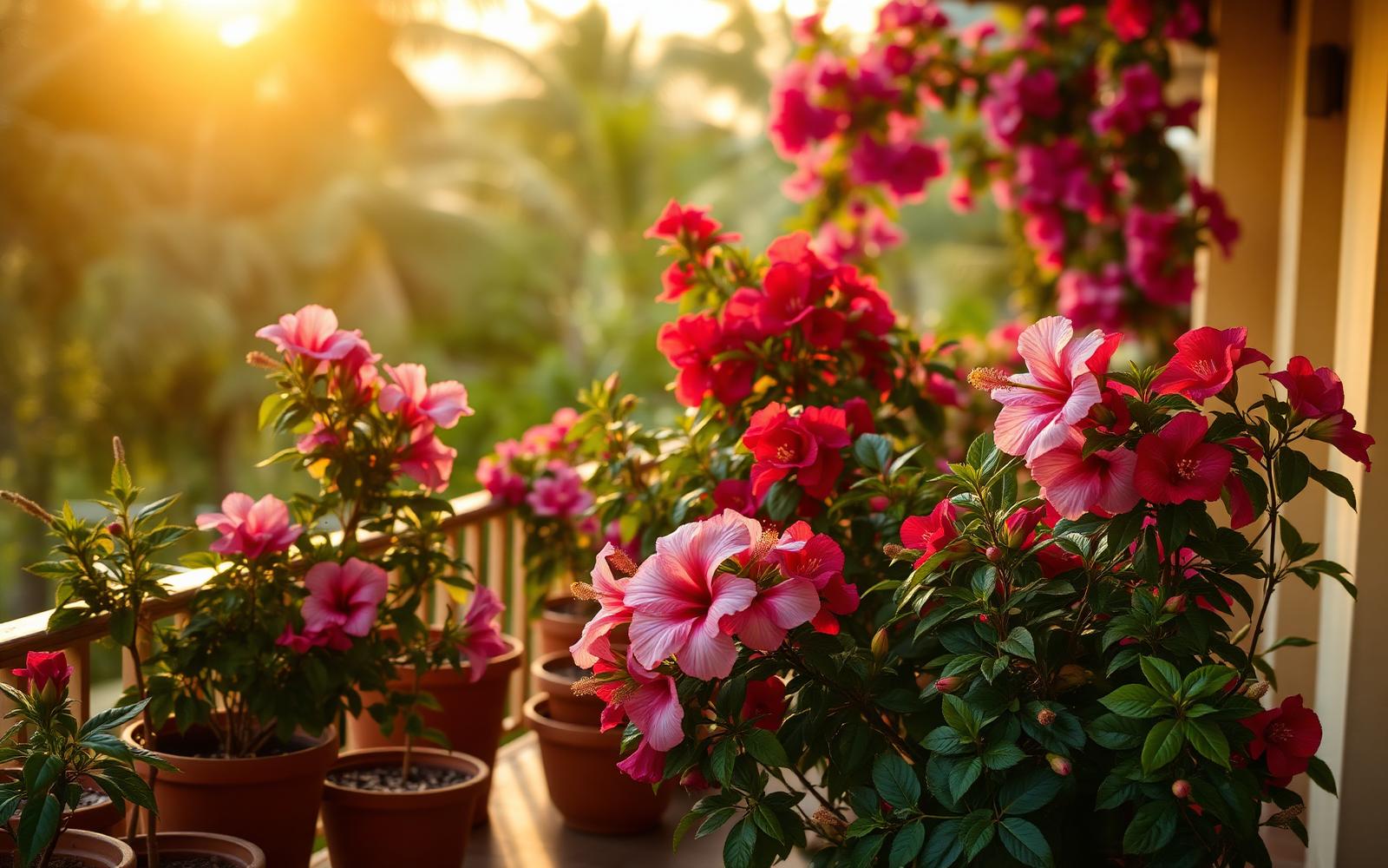 A serene Kerala balcony garden in golden hour, full of blooming hibiscus and bougainvillea